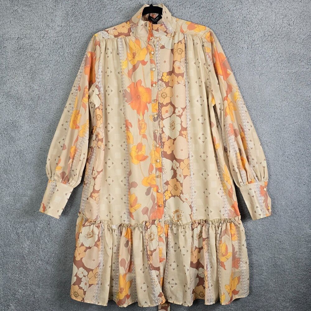 Beulah Style Floral Midi Dress OS Drop‎ Waist Neutral Pastel Multicolor Peasant